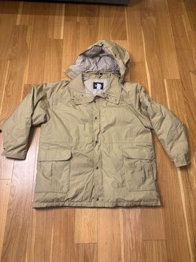 Vintage Woolrich Down Parka USA XL Tan Hooded Jacket Minimal 21037 80s 90s beige